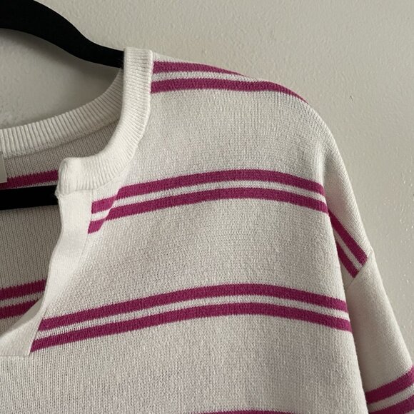 Loft Outlet Women Sz S White/Pink Striped Split V-Neck 3/4 Sleeve Sweater - Picture 6 of 9